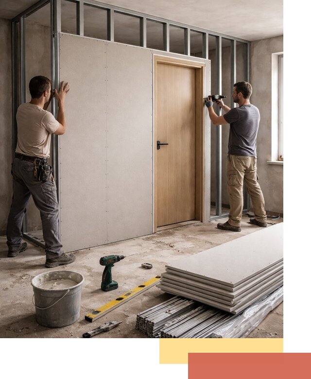 Перегородка из гипсокартона с дверью под ключ в Пыть-яхе