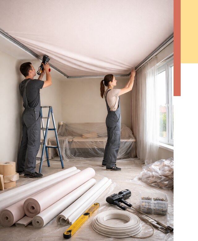 Монтаж цветного натяжного потолка в Пыть-яхе от 4273 руб/м² — быстро и недорого | ОТДЕЛОЧНИК-Пть