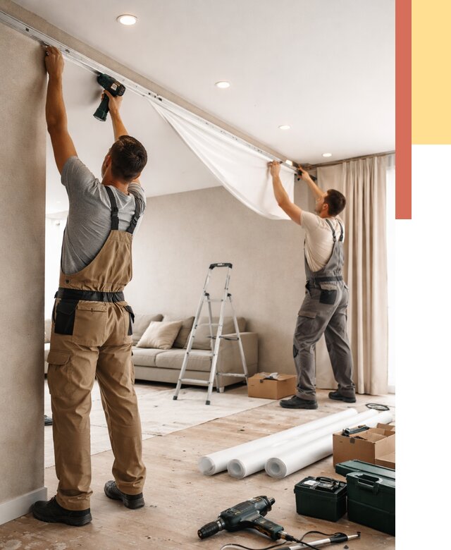 Монтаж натяжного потолка в гостиной в Пыть-яхе от 560 руб. | ОТДЕЛОЧНИК-Пть