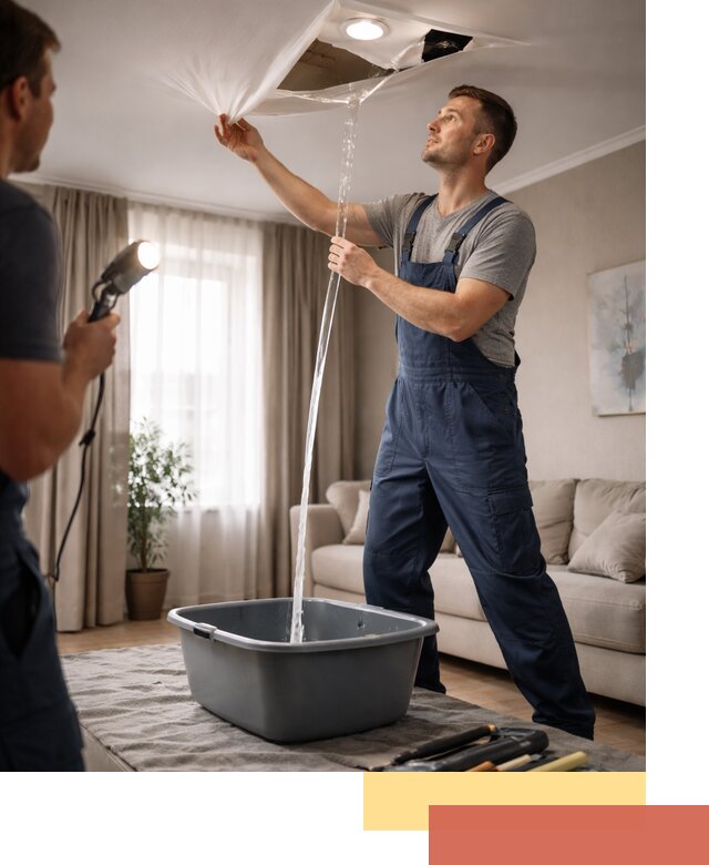 Слив воды с натяжного потолка в Пыть-яхе быстро и аккуратно